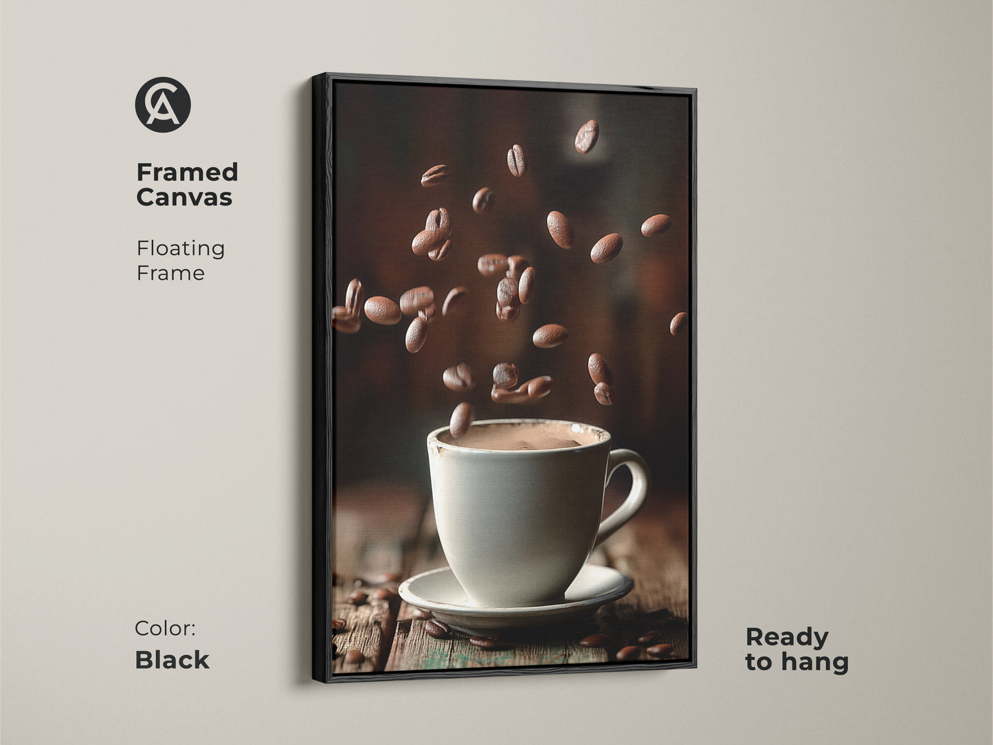 This framed canvas features a floating frame in black. It highlights a minimalist coffee cup art with falling beans. This white cup on a wooden table creates a contemporary feel. This dark brown and white kitchen wall art is ready to hang. Ideal for modern home decor or a coffee shop.