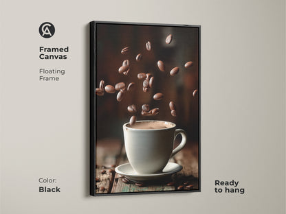 This framed canvas features a floating frame in black. It highlights a minimalist coffee cup art with falling beans. This white cup on a wooden table creates a contemporary feel. This dark brown and white kitchen wall art is ready to hang. Ideal for modern home decor or a coffee shop.