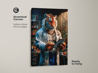 Stretched canvas art featuring a tiger doctor in a lab. The gallery wrap has mirror edges. This unique artwork is ready to hang. The anthropomorphic art is perfect for medical professionals