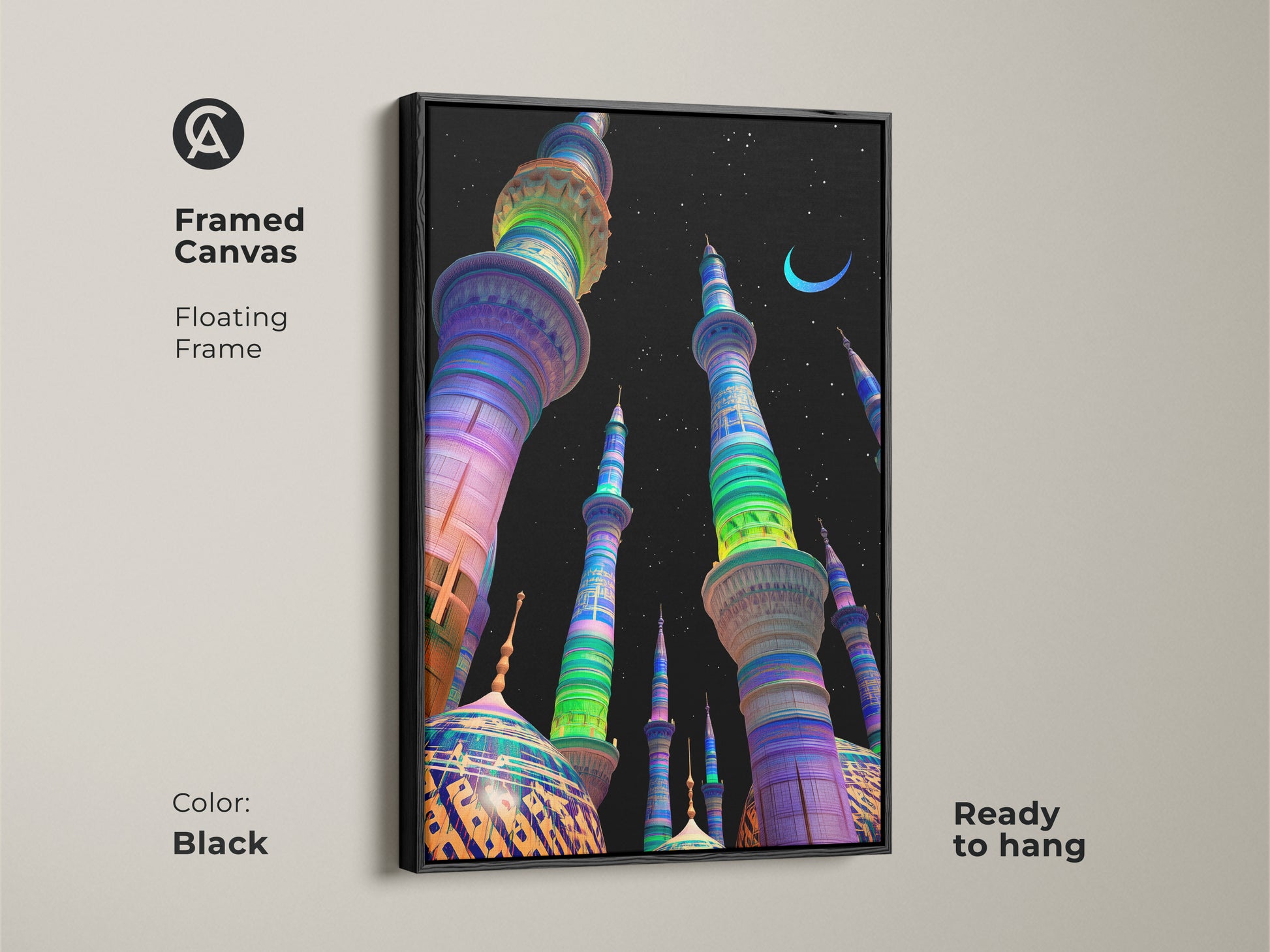 This framed canvas art features a floating black frame. The vibrant mosque digital art includes blue green and purple hues against a night sky with a crescent moon. It is a stunning piece of Islamic architecture wall art that is ready to hang.