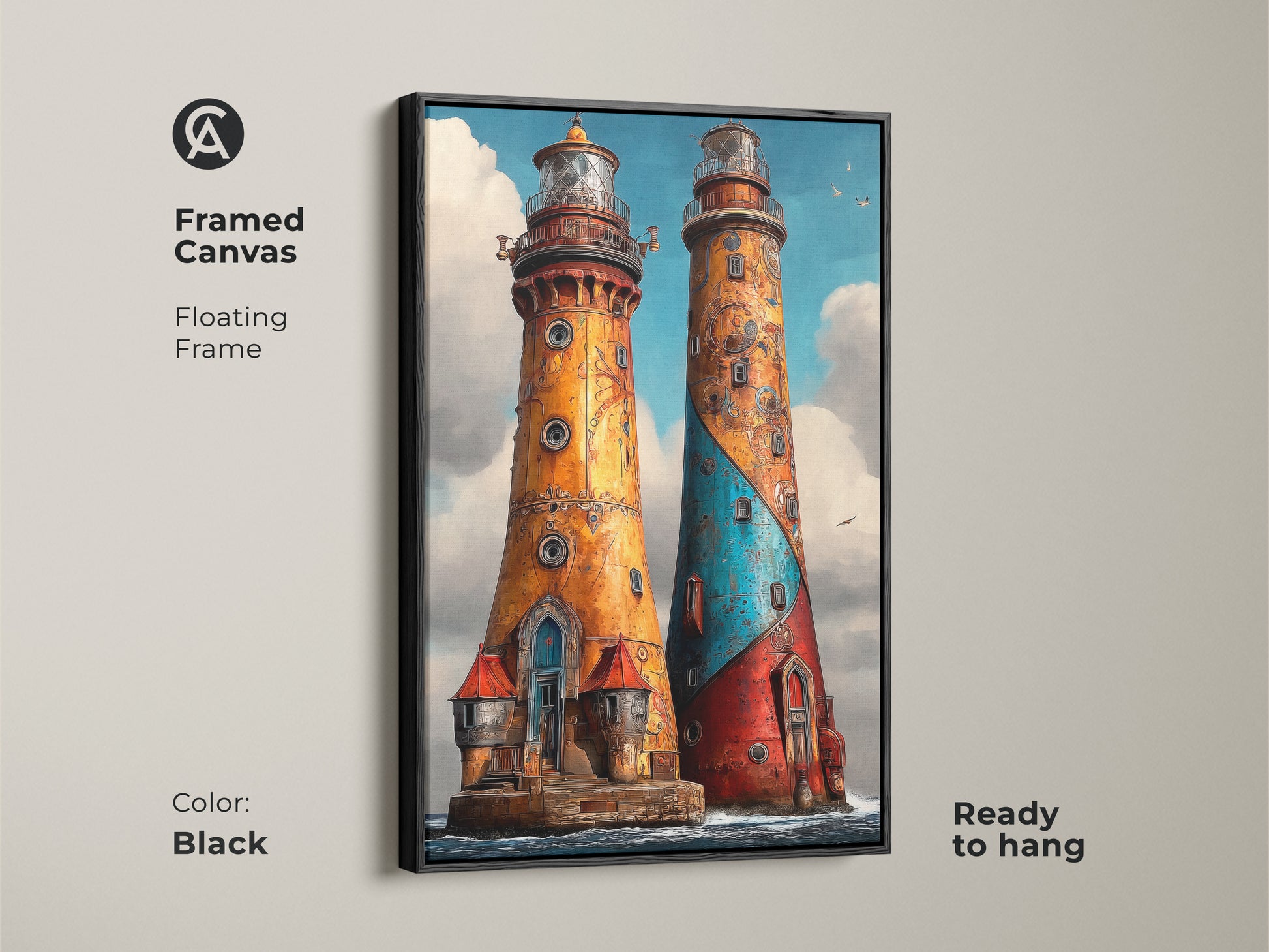 Framed canvas displays Steampunk Lighthouse artwork. The floating frame enhances the ornate nautical scene. Notice the unique red blue orange seascape art. A coastal decor masterpiece