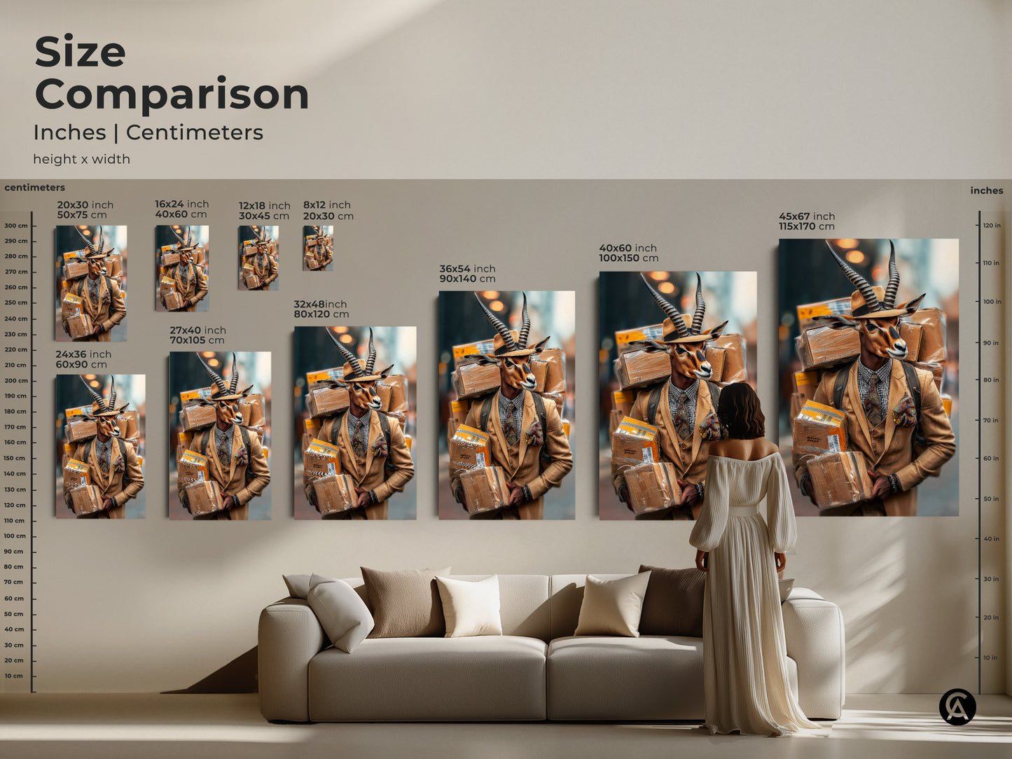 Compare sizes of the surreal gazelle man art print in inches and centimeters. See how this unique animal portrait fits above a couch. Imagine the animal in suit wall art as a focal point in your home decor. Find the ideal size for your eclectic office or living space.