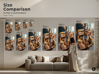 Compare sizes of the surreal gazelle man art print in inches and centimeters. See how this unique animal portrait fits above a couch. Imagine the animal in suit wall art as a focal point in your home decor. Find the ideal size for your eclectic office or living space.