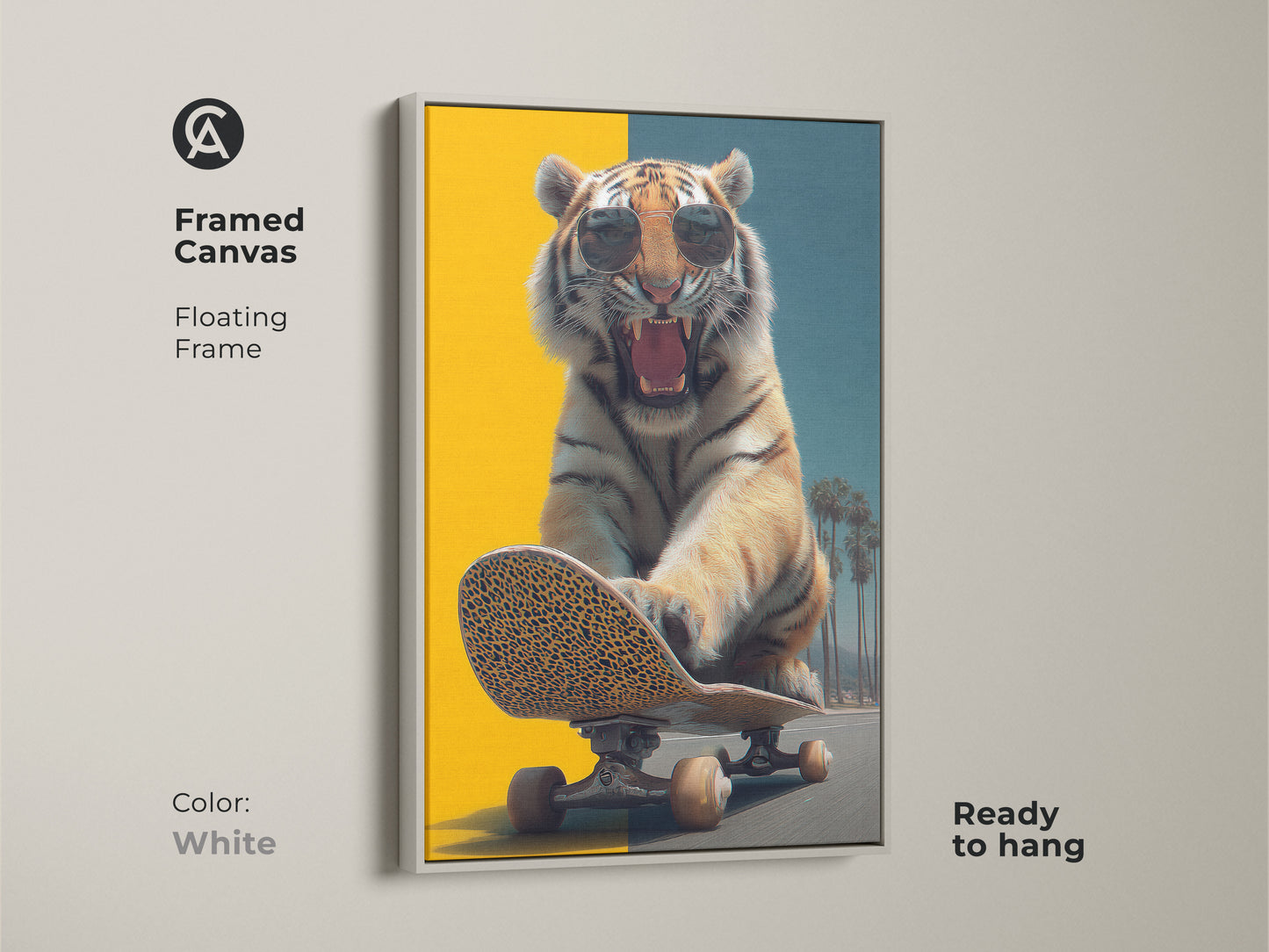This framed canvas features a tiger on a skateboard. The wildlife artwork is displayed in a floating white frame. The cool pop art piece adds an edgy vibe to any room. Ready to hang in your office or man cave. This surreal animal canvas is a statement piece.