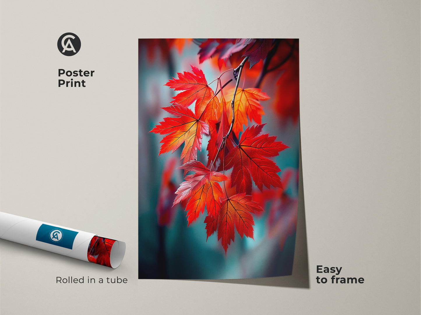 Poster print of red maple leaves art. The print comes rolled in a tube for protection. It is easy to frame and display. This nature-inspired poster adds color to any room. The artwork is a great option.