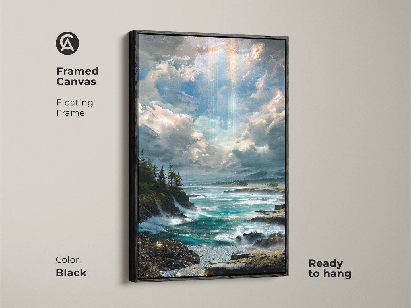 A framed canvas showcasing a teal ocean art print. This piece features a rocky coastline landscape under a fantasy sky. This coastal decor enhances living spaces and bedrooms with a touch of nature.