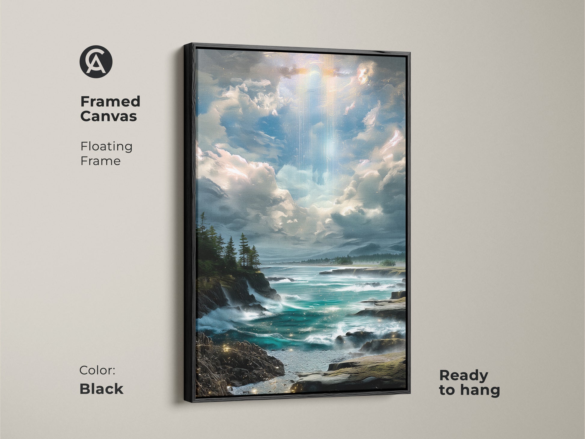 A framed canvas showcasing a teal ocean art print. This piece features a rocky coastline landscape under a fantasy sky. This coastal decor enhances living spaces and bedrooms with a touch of nature.