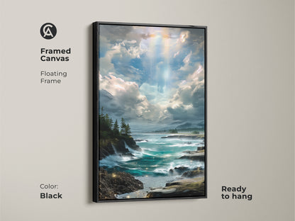 A framed canvas showcasing a teal ocean art print. This piece features a rocky coastline landscape under a fantasy sky. This coastal decor enhances living spaces and bedrooms with a touch of nature.