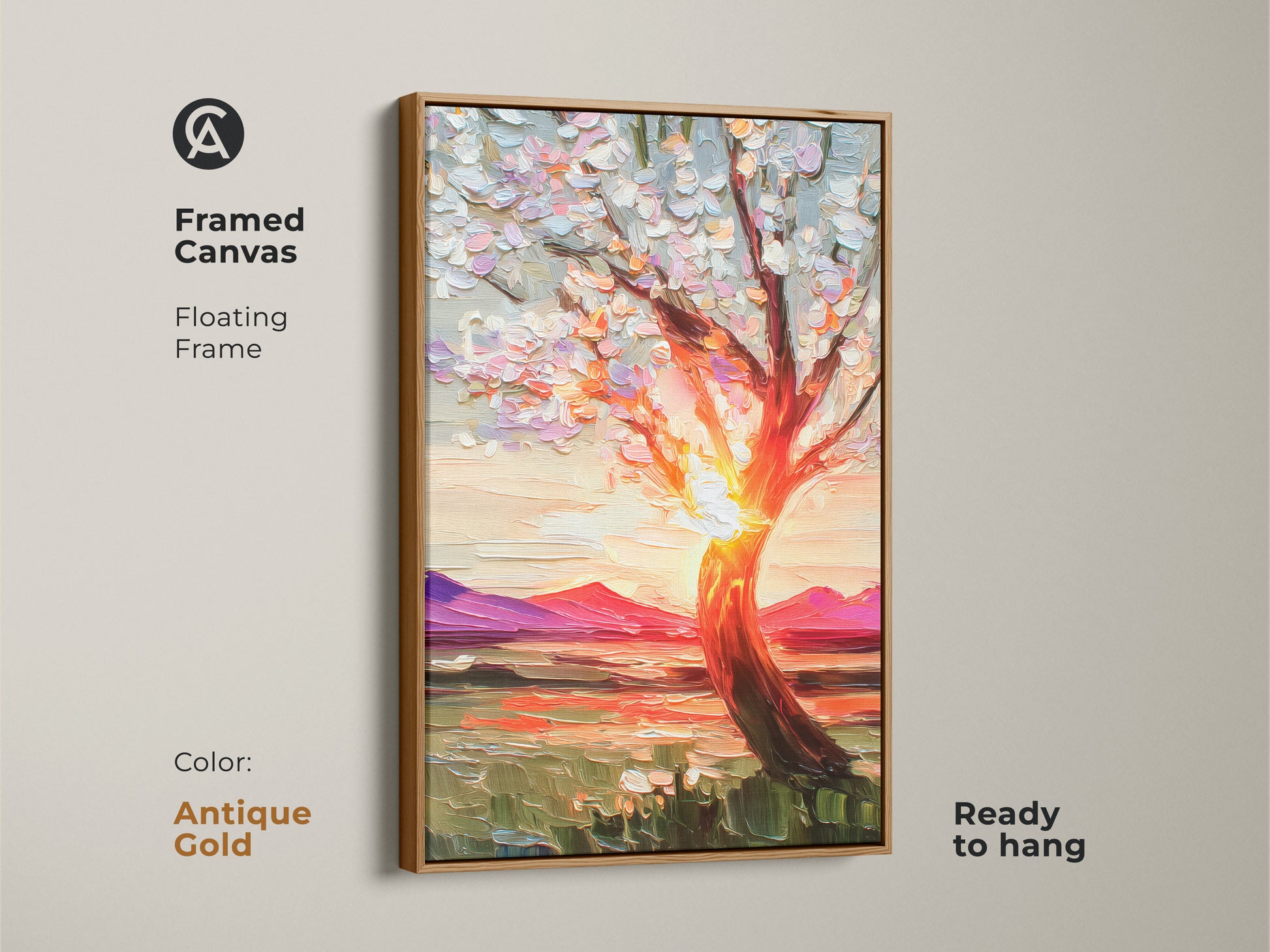 This framed canvas art showcases a blooming tree artwork against a sunset with an antique gold floating frame. The textured print brings vibrant nature decor to any space. Ready to hang this orange yellow and pink landscape is a thoughtful housewarming gift for nature lovers.