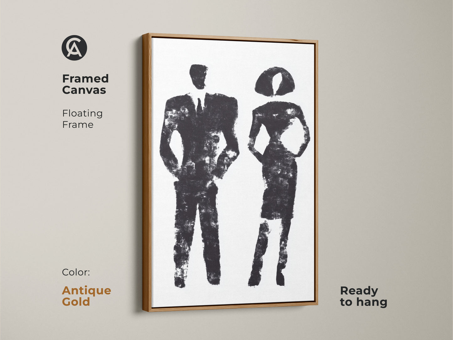 Black and white abstract art of a couple in a suit and dress displayed on a wall. This minimalist print is ideal for modern office decor. A great monochrome canvas art for a professional business gift.