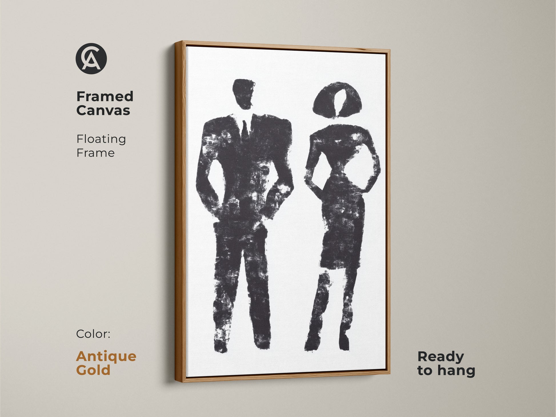 Black and white abstract art of a couple in a suit and dress displayed on a wall. This minimalist print is ideal for modern office decor. A great monochrome canvas art for a professional business gift.