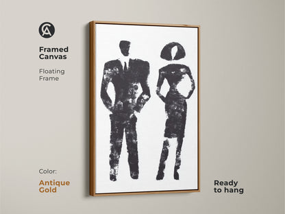 Black and white abstract art of a couple in a suit and dress displayed on a wall. This minimalist print is ideal for modern office decor. A great monochrome canvas art for a professional business gift.