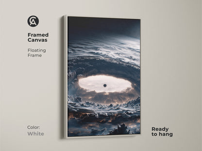 White framed canvas displaying abstract space art. The deep navy nebula print is a sci-fi cosmos artwork ready to hang. This contemporary decor complements any room and makes a thoughtful gift for stargazers.