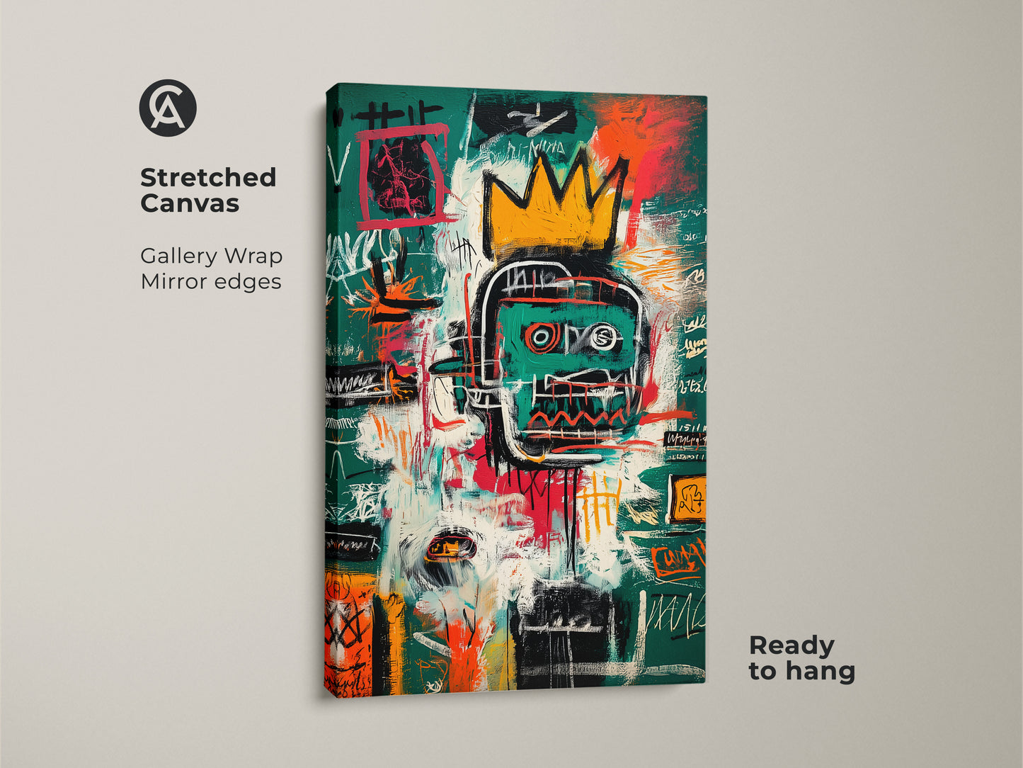 Stretched canvas art. The gallery-wrapped canvas features mirror edges. It showcases a Basquiat-inspired abstract portrait with bold colors. This contemporary artwork is ready to hang adding artistic flair to any room.