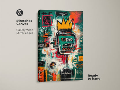 Stretched canvas art. The gallery-wrapped canvas features mirror edges. It showcases a Basquiat-inspired abstract portrait with bold colors. This contemporary artwork is ready to hang adding artistic flair to any room.