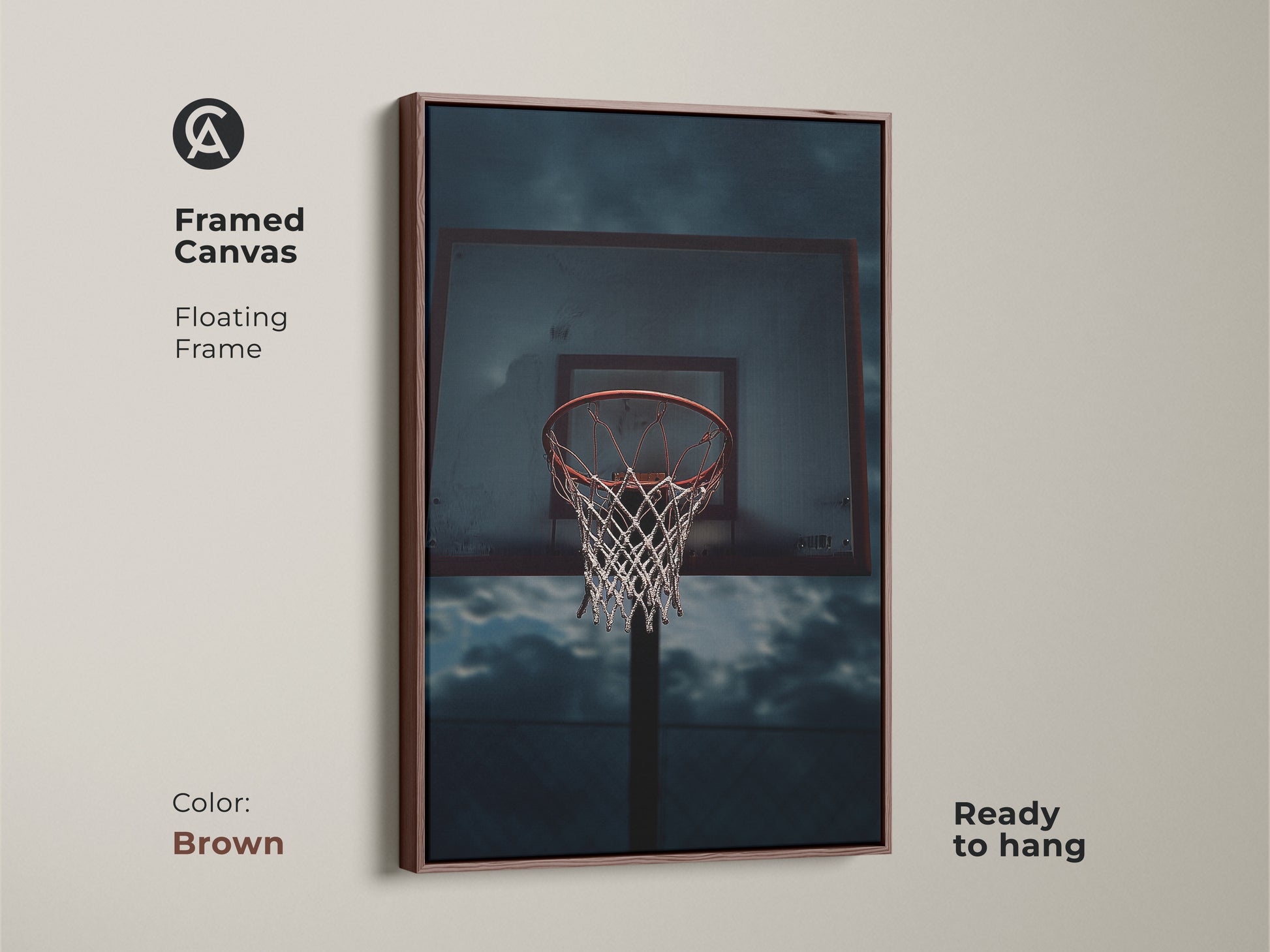 Framed canvas with a floating frame featuring basketball art. Great sports fan wall decor or birthday gift for a basketball player. The basketball hoop artwork is ready to hang. The artwork has a brown frame.