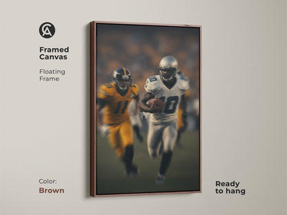 This framed canvas art features a floating brown frame. The modern football artwork showcases a running back in action. Ready to hang this dynamic print will enhance your sports themed decor.