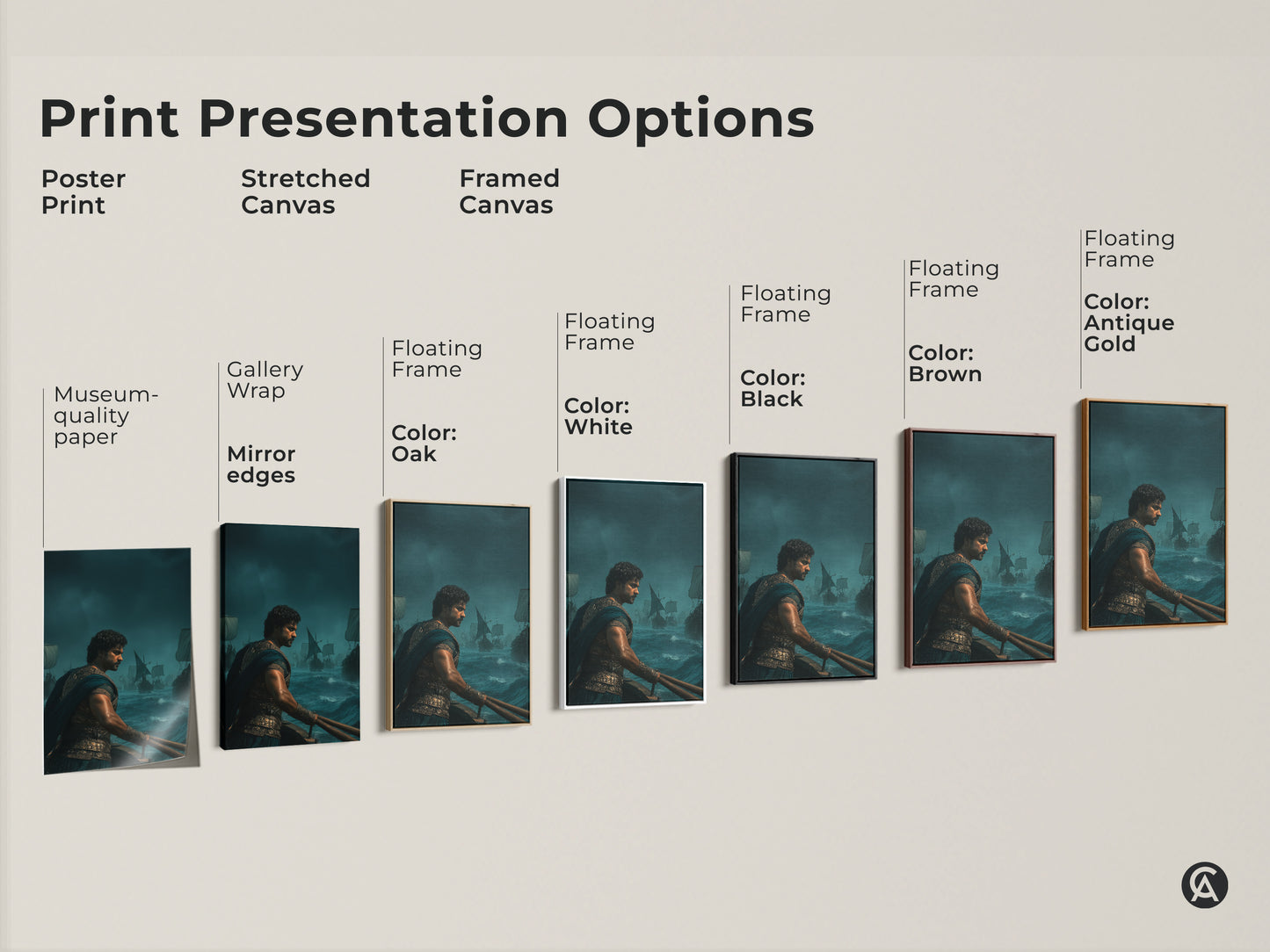 Explore print presentation options. See a poster print and stretched canvas. Framed canvas options include floating frames in black brown antique gold and white. Choose museum-quality paper or gallery wrap. Find the perfect historical maritime artwork for your space. The warrior on a sailing ship is a navy gold teal canvas