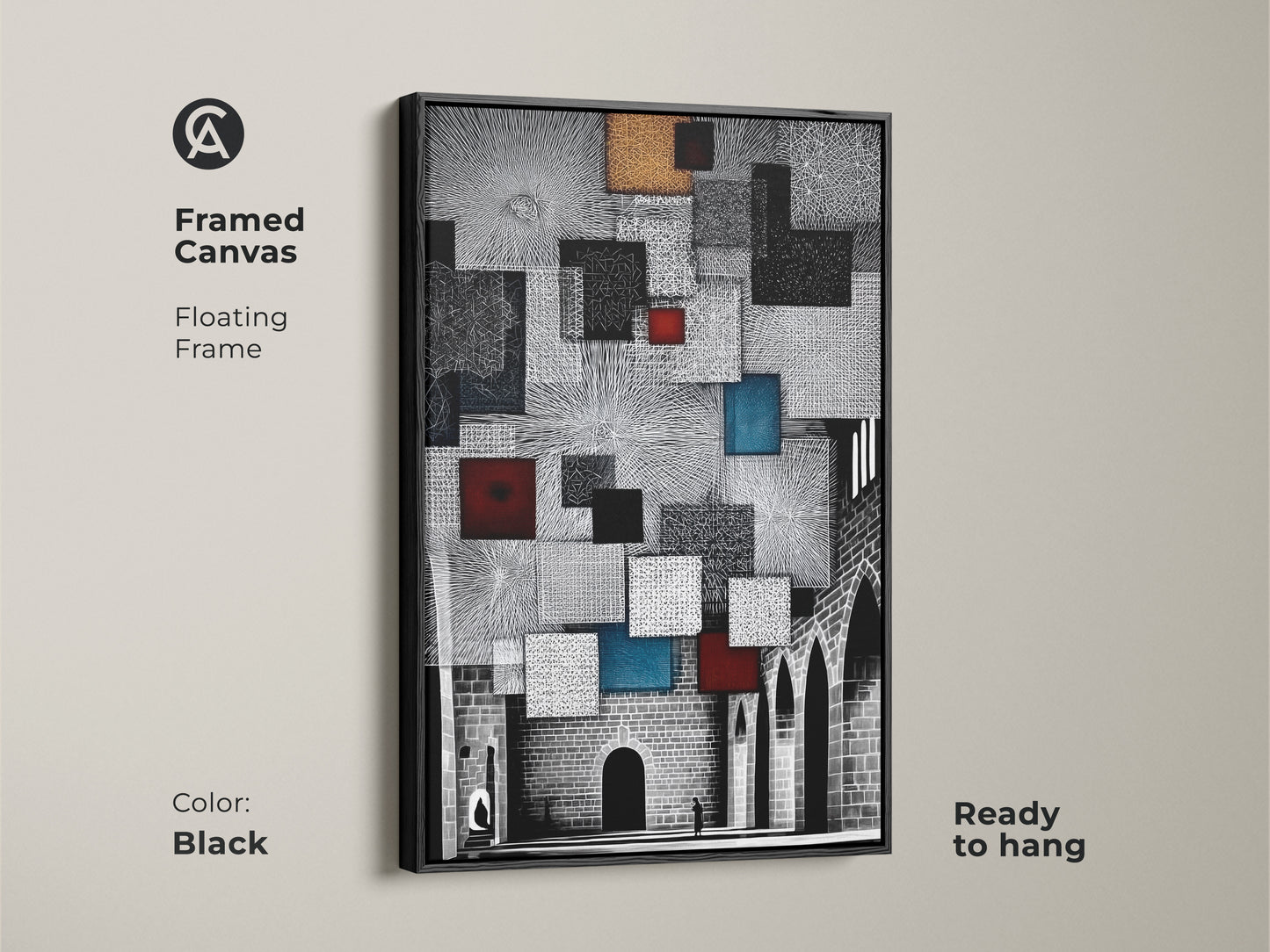 Black framed canvas featuring geometric cityscape art. Ready to hang this floating frame presents modern black and white art. Its abstract architecture complements any sophisticated home decor.