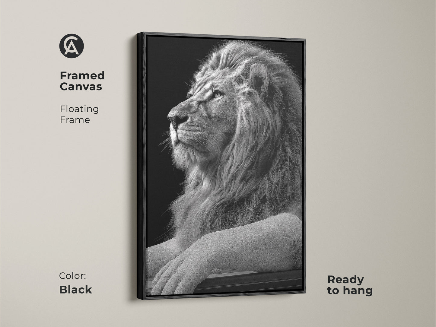 Framed black and white lion canvas art with a floating frame. This regal animal artwork arrives ready to hang. Elevate your study room decor or office wall art with this majestic lion canvas.