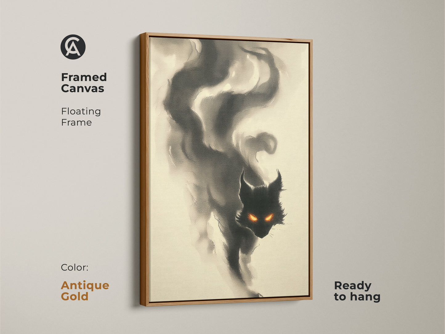 Framed canvas print of a smoky black cat with intense orange eyes in a floating frame. The antique gold frame adds a touch of vintage charm. Enhance your space with this cat artwork.