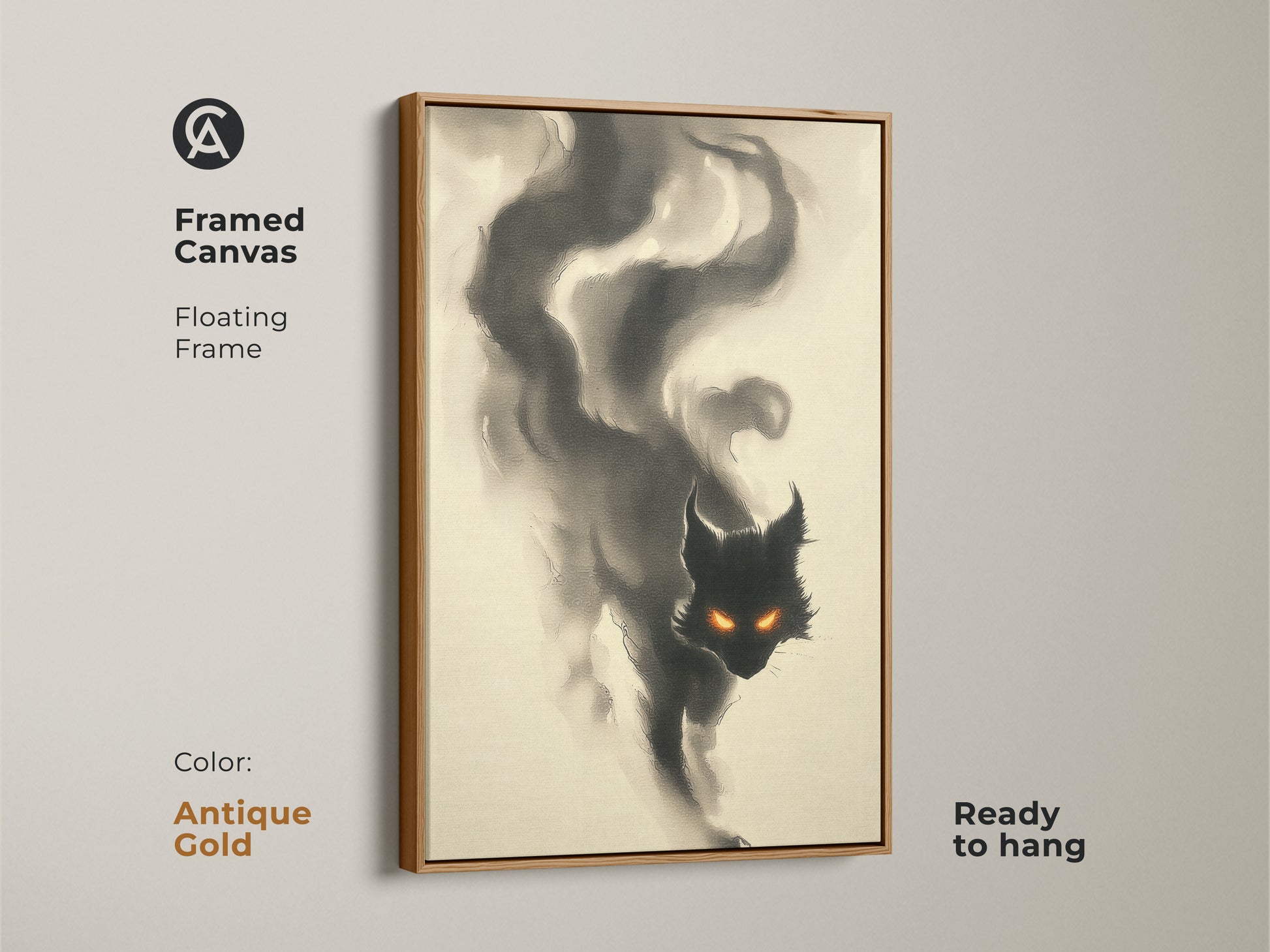 Framed canvas print of a smoky black cat with intense orange eyes in a floating frame. The antique gold frame adds a touch of vintage charm. Enhance your space with this cat artwork.