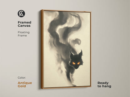 Framed canvas print of a smoky black cat with intense orange eyes in a floating frame. The antique gold frame adds a touch of vintage charm. Enhance your space with this cat artwork.