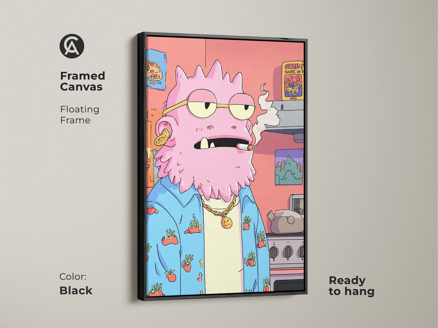 Framed canvas of a quirky pink monster artwork. The floating frame is black. This surreal character print is ready to hang. Perfect as eclectic home decor or a unique gift. The funny monster art adds a pop culture touch to any space.