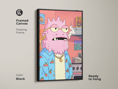 Framed canvas of a quirky pink monster artwork. The floating frame is black. This surreal character print is ready to hang. Perfect as eclectic home decor or a unique gift. The funny monster art adds a pop culture touch to any space.