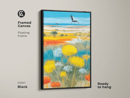 Framed canvas with a black floating frame that enhances a boho crane landscape. The print features vibrant sky blue and golden yellow wildflowers. Ready to hang as nature wildlife wall art. This piece will bring a touch of natural beauty. Perfect for living rooms or bedrooms.