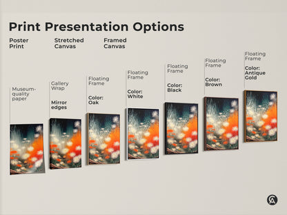 Explore presentation options for botanical art prints including poster stretched and framed canvas styles. Discover gallery wraps and floating frames in black brown white and oak. Find the perfect dandelion nature artwork to complement your modern decor and create a unique wall display.