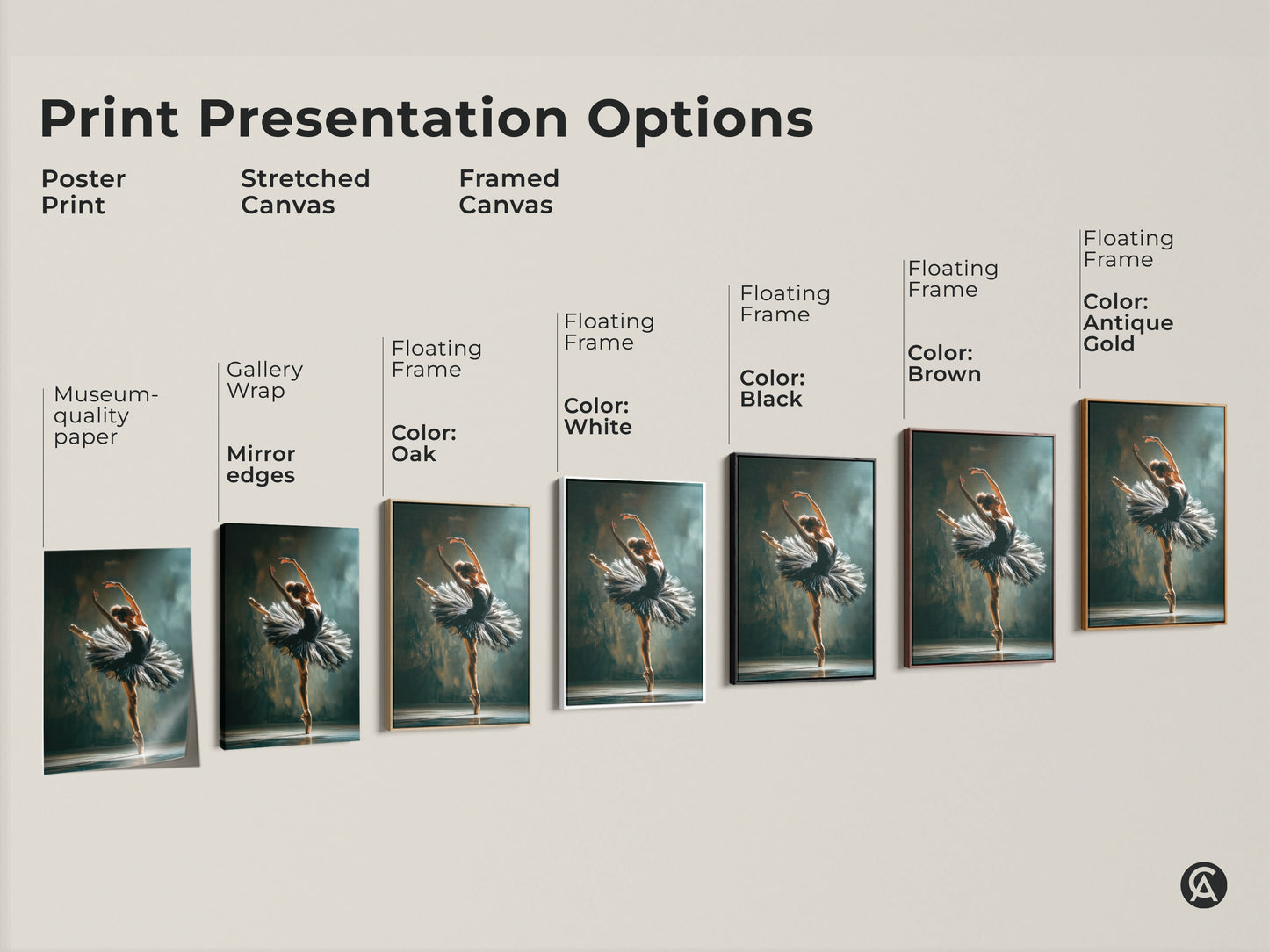 Print presentation options for ballerina artwork. See poster prints stretched canvas and framed canvas options. Choose from black brown white and oak frames. Find the perfect ballerina art for your space.