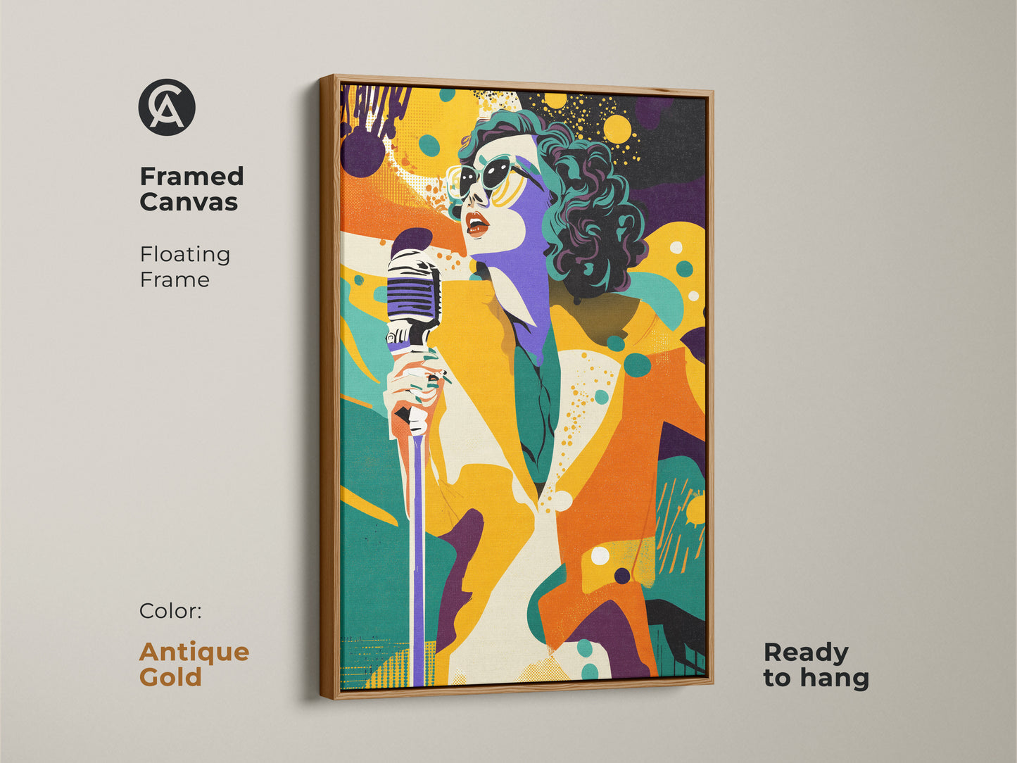 Framed canvas art of a retro pop art singer in a antique gold floating frame. This ready-to-hang artwork features vibrant colors. The singer with a microphone adds an eclectic touch to your home decor.