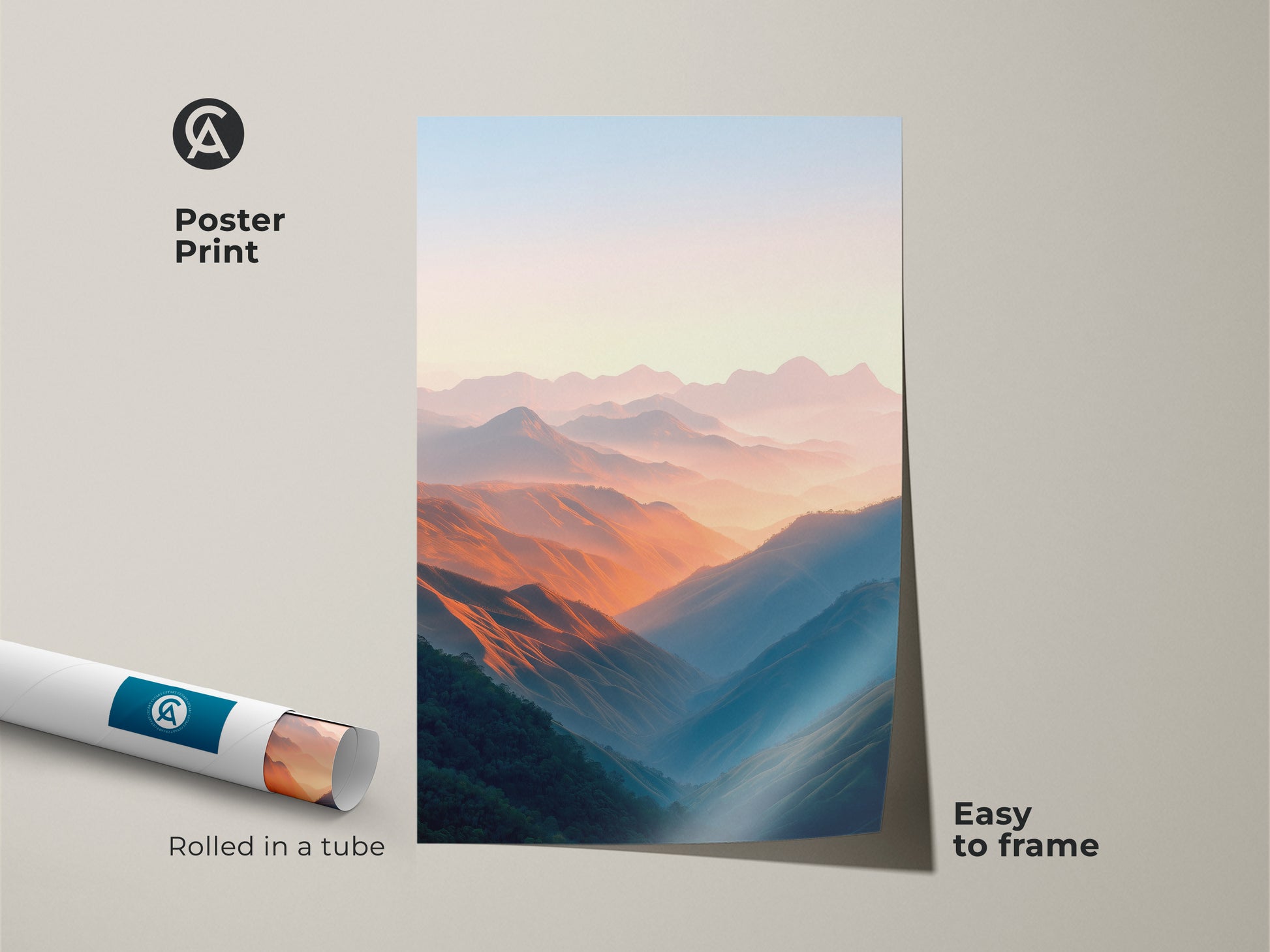 A peach and blue mountain valley poster print adds beauty to any space. Rolled in a tube for easy framing this scenic artwork is perfect for contemporary decor. The nature inspired print brings the outdoors in. Enjoy the calming valley landscape in your home or office.