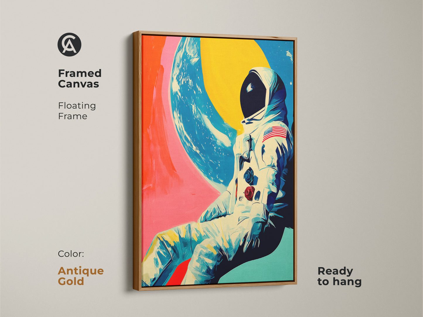 Antique Gold Framed Canvas. The astronaut art showcases retro futurism and is ready to hang. This piece is a unique blend of space exploration art. The bold colors and contemporary style make it a striking decor item.