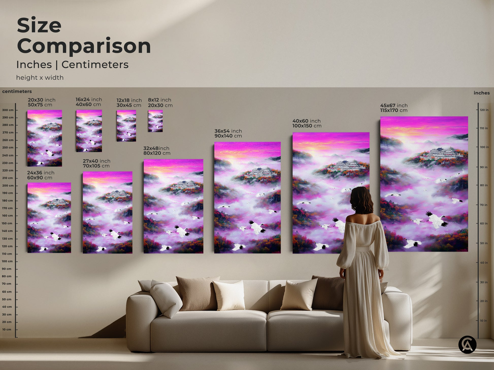 Size comparison of crane and pagoda artwork. Available in sizes from 8x12 inch to 45x67 inch. This artwork features a vibrant landscape with a purple pink gradient. Ideal as spiritual animal wall art for any living room. A woman stands near a sofa to show scale. Perfect for Asian-inspired home decor.