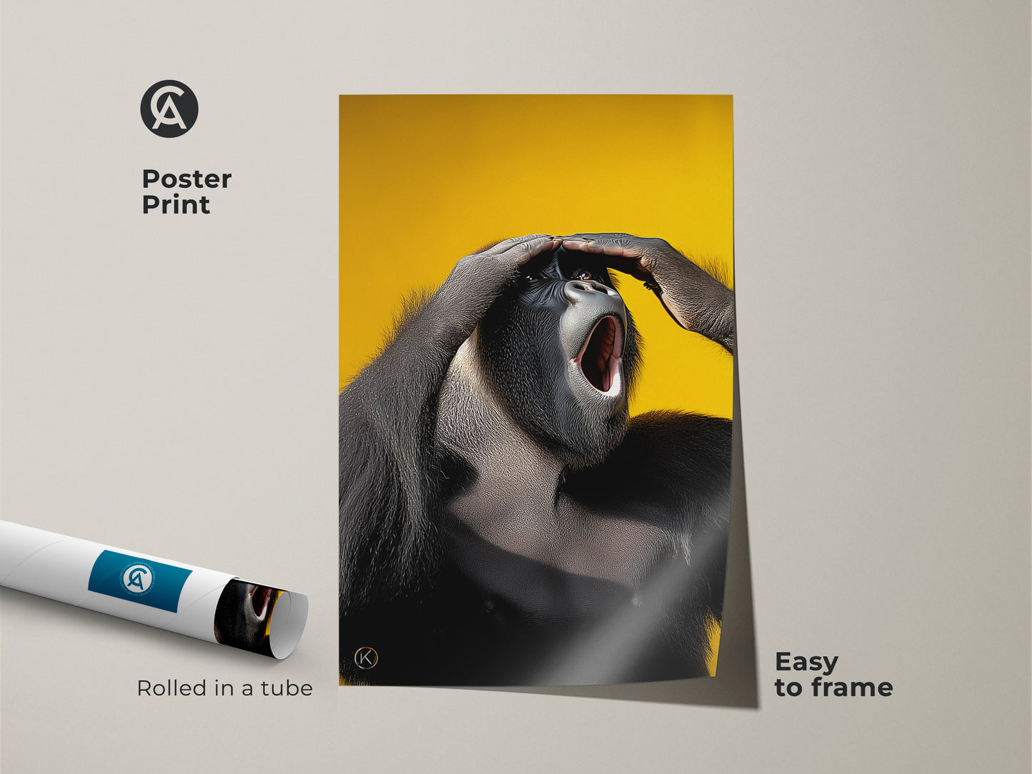 Poster print of a photorealistic gorilla. The black wildlife primate is roaring on a yellow canvas. This animal portrait wall art is easy to frame. A unique and bold wall hanging.