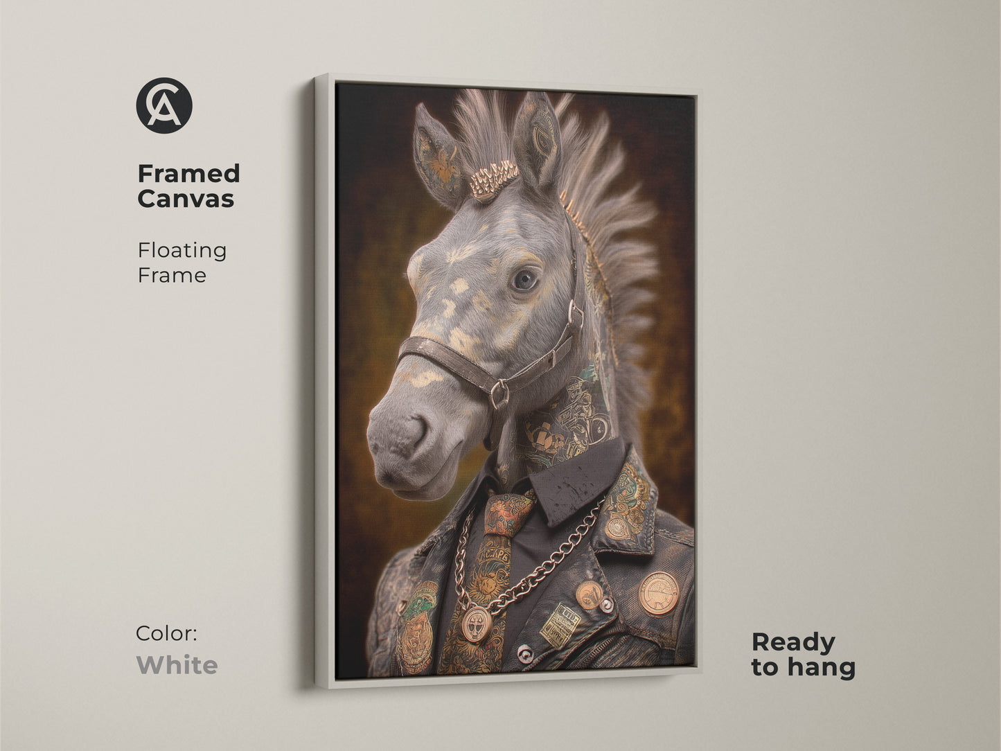 Framed in white this Tattooed Horse Canvas offers a clean contrast to the detailed Steampunk art. Perfect for adding character to an office or eclectic space. It is versatile wall decor for those who appreciate unusual animal art. A fantastic gift for horse lovers and admirers of alternative art styles. Ready to hang.