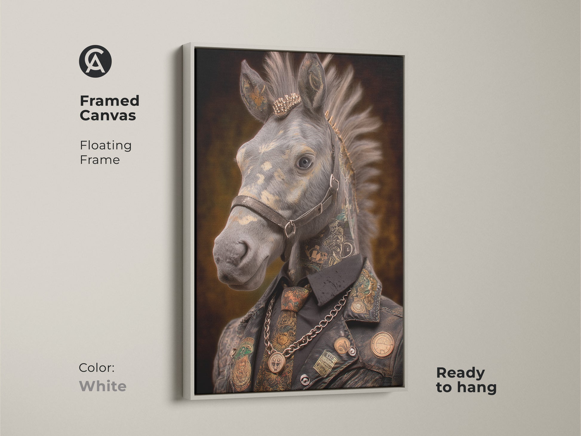 Framed in white this Tattooed Horse Canvas offers a clean contrast to the detailed Steampunk art. Perfect for adding character to an office or eclectic space. It is versatile wall decor for those who appreciate unusual animal art. A fantastic gift for horse lovers and admirers of alternative art styles. Ready to hang.