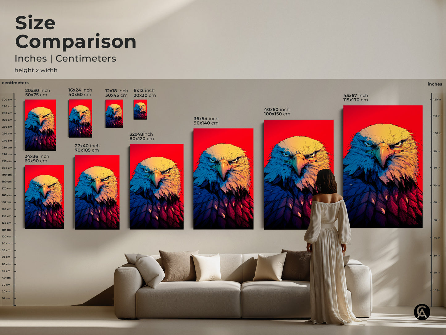 A size comparison shows inches and centimeters of Patriotic Eagle Wall Art. This Bald Eagle close-up portrait has a vibrant red background. Sizes range from small to large. Choose the perfect scale for your space. See the bold illustration art with yellow blue and red accents. It's ideal for adding American pride and contemporary graphic styles to any room.