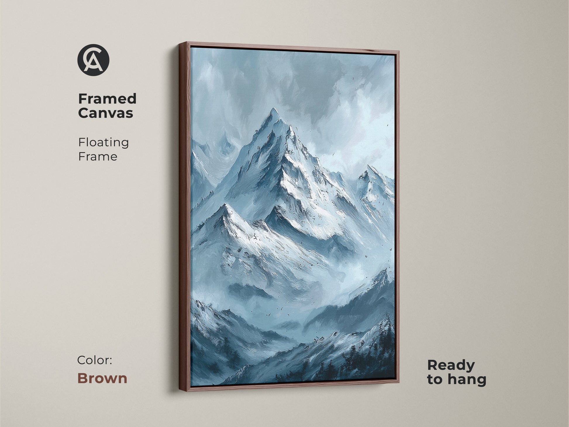 Framed canvas art print of mountains for sale. This floating frame features snow-capped mountains and a blue hue. This framed canvas comes ready to hang in brown. Find the perfect piece for your home today