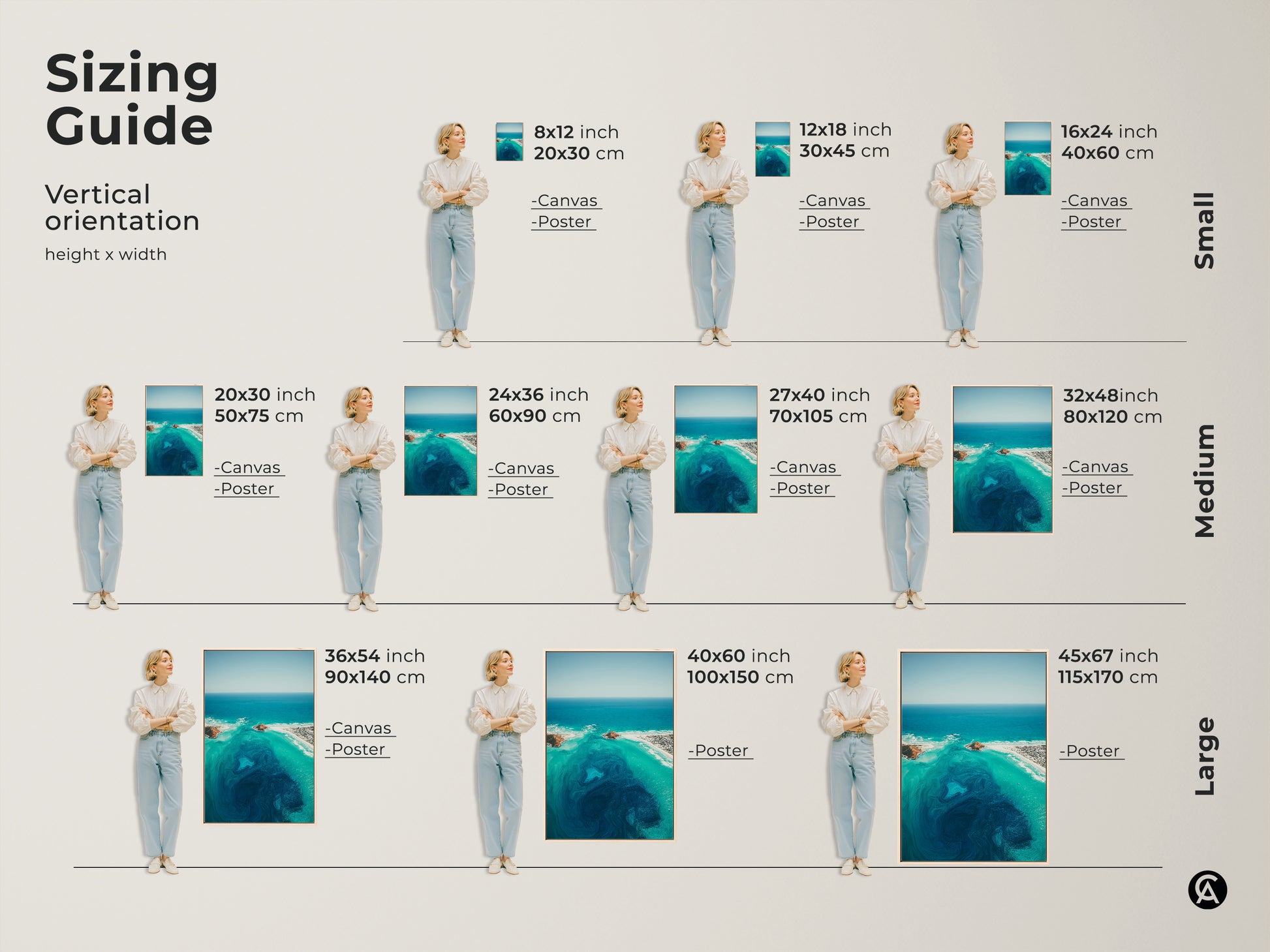 Sizing guide for vertical abstract ocean artwork. Available in small medium and large sizes. Options include canvas and poster prints. Find the perfect fit for your space with this coastal art.