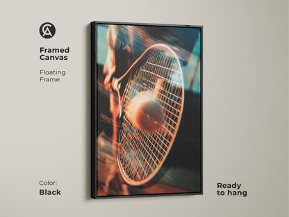 Framed canvas art featuring a tennis racket hitting a ball. The floating frame is black and the sports artwork is ready to hang. Enhance your space with this modern athletic-inspired piece.