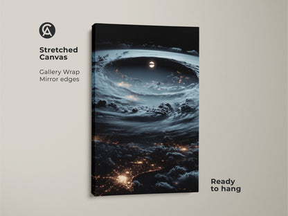 Stretched canvas print of a space hurricane. Gallery wrap showcases mirror edges. The artwork is ready to hang. Deep blue astronomy art for a modern living room. Surreal storm artwork enhances your bedroom. A unique gift for stargazers. Explore the cosmos with this fine art canvas.