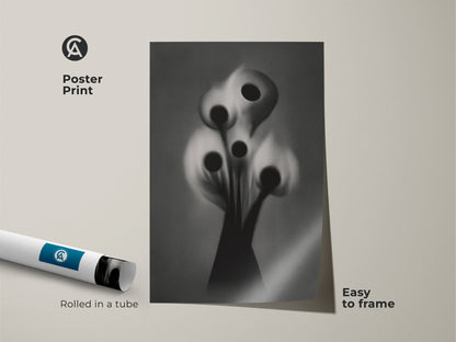 Poster print featuring abstract gothic flower art. Rolled in a tube this surreal botanical print is easy to frame. It is ideal dark academia wall decor for a study room or office. This black and white artwork is a unique gift for art lovers.