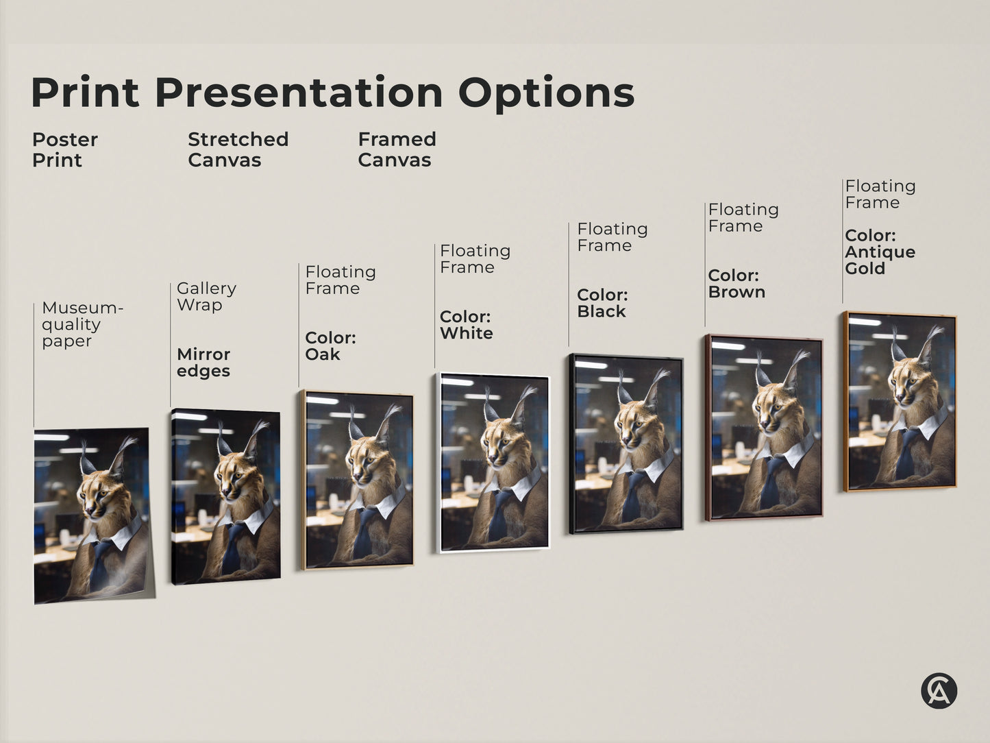 Explore print presentation options. See poster print stretched canvas and framed canvas choices. Each features the Caracal in business attire artwork ideal for distinctive office decor.