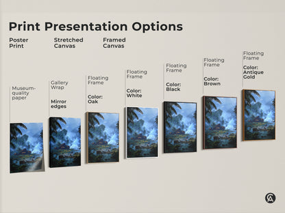 Explore print presentation options for tropical river village artwork. Choose from poster prints stretched canvas and framed canvas. Each option highlights the serene river landscape. Includes gallery wrap museum-quality paper and floating frames in various colors. Find the perfect style for your boho decor.
