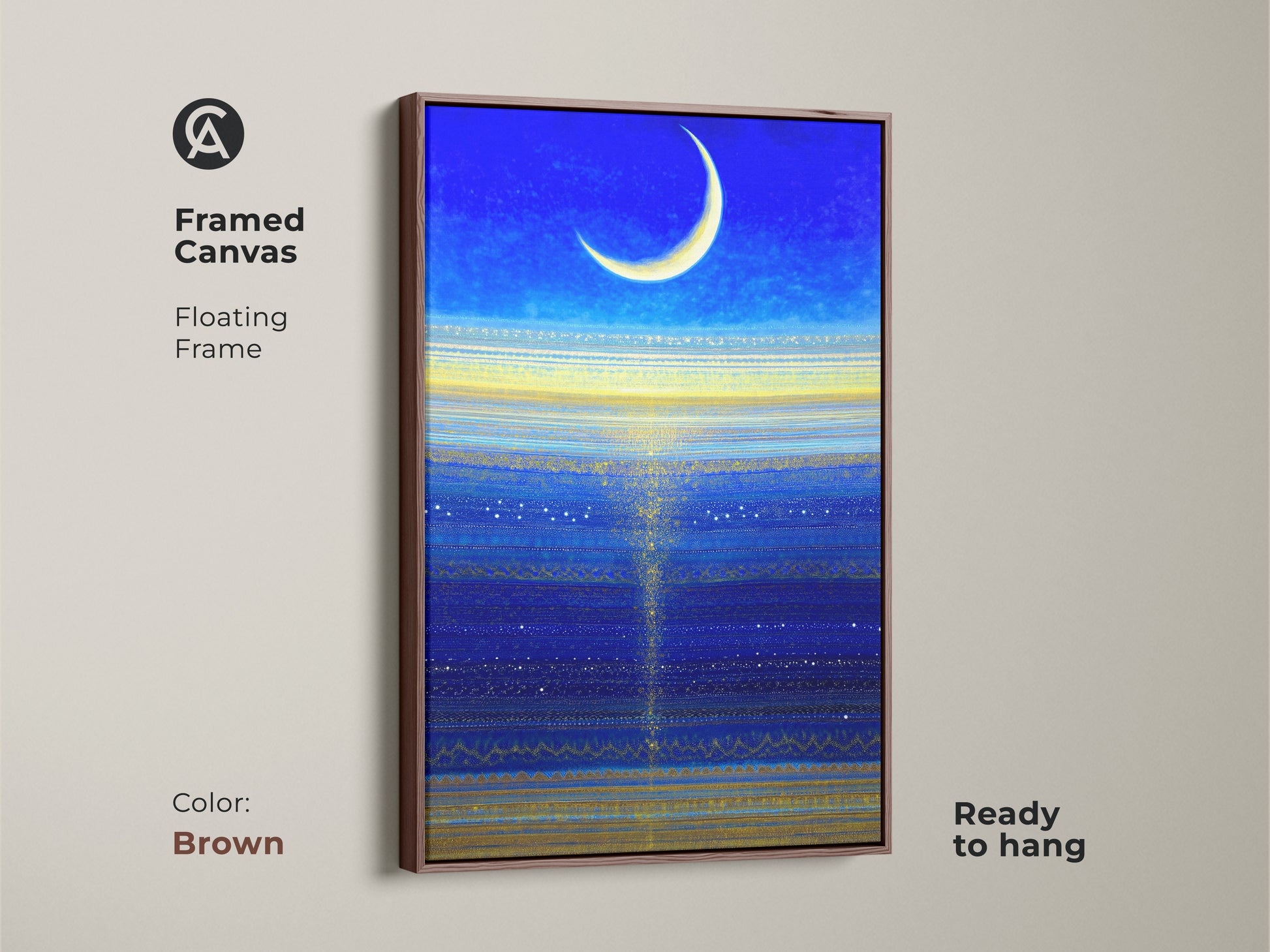 Framed canvas in a black floating frame featuring celestial art. The ethereal space art is ready to hang. This piece is a perfect gift for lovers of art.