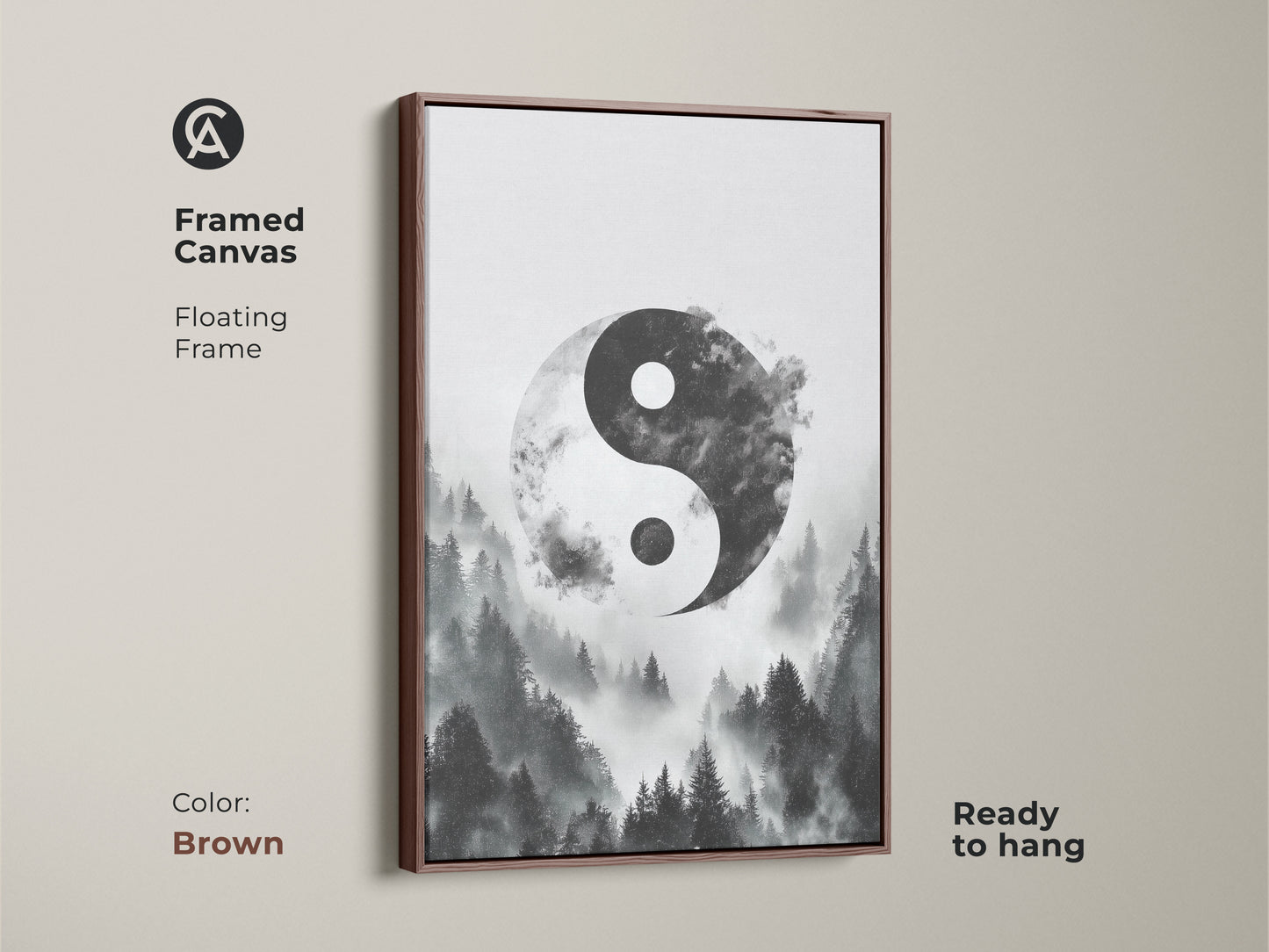 Framed canvas in brown of Yin Yang forest art. The floating frame enhances the monochrome forest print. Minimalist Yin Yang decor will bring spiritual nature to your home.