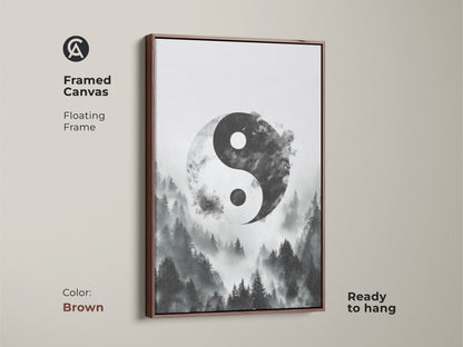 Framed canvas in brown of Yin Yang forest art. The floating frame enhances the monochrome forest print. Minimalist Yin Yang decor will bring spiritual nature to your home.